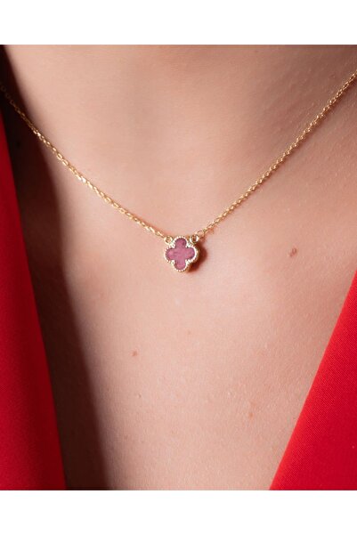 YCL JEWELLERY 8 Ayar Altın Pembe Yonca Figürlü Kolye