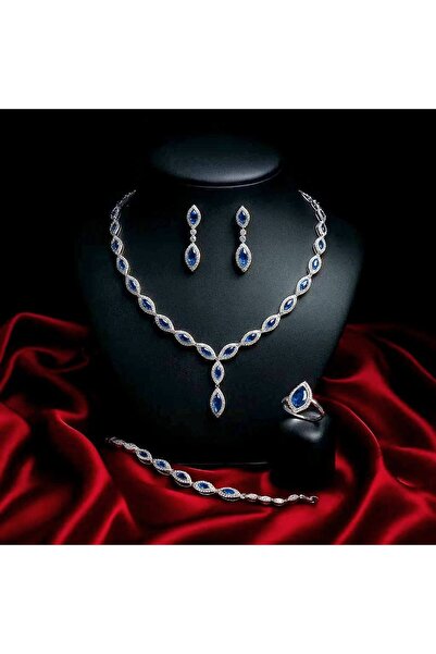 Luxiva Markiz Kesim Lacivert Zirkon Taşlı Gümüş Kaplama Lüks Kolye Küpe Bilek...