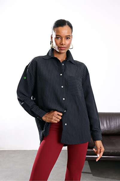 My Blog Black Velvet Striped Oversized Shirt - 5000