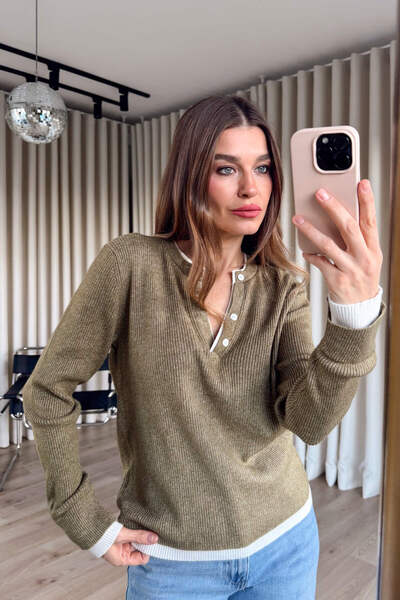 Sue Store Khaki Ecru Buttoned Front Sweater