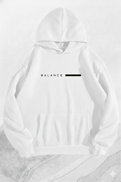 NO 601 Unisex White Hooded Balance Printed Thick Sweatshirt