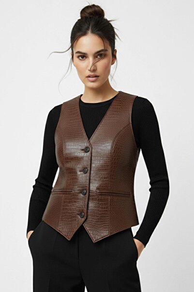 Deriderim Carla Kahverengi Hakiki Deri Kroko Kadın Yelek