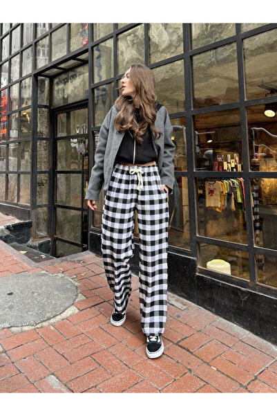 BALİNA Ekose Desenli Bağcıklı Siyah Eşofman Altı