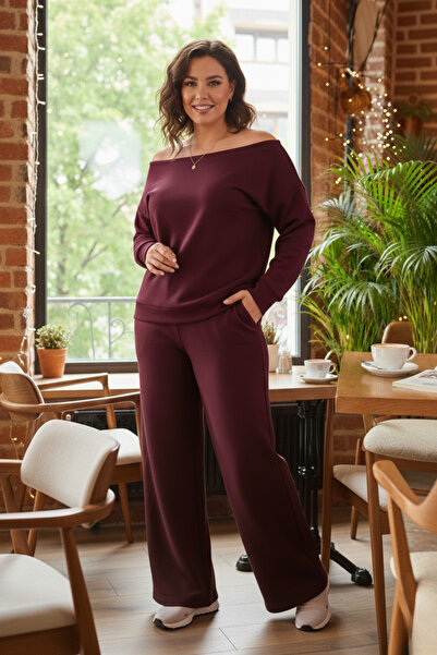 Moda Hour Off-Shoulder Detailed Wide-Leg Plus Size Tracksuit Set