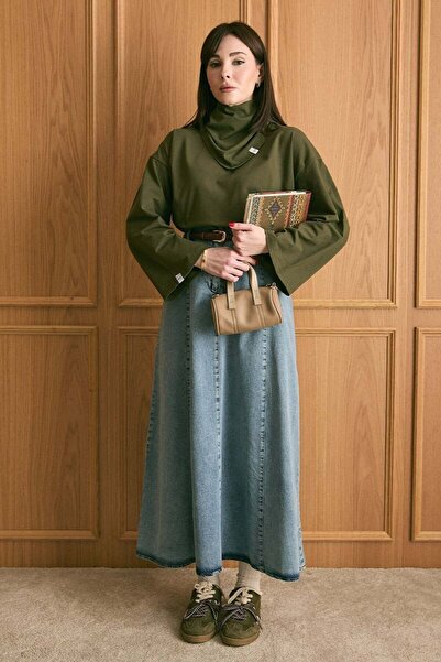 Ceylan Otantik Khaki Scarf Body & Ice Blue Denim Flared Skirt Set