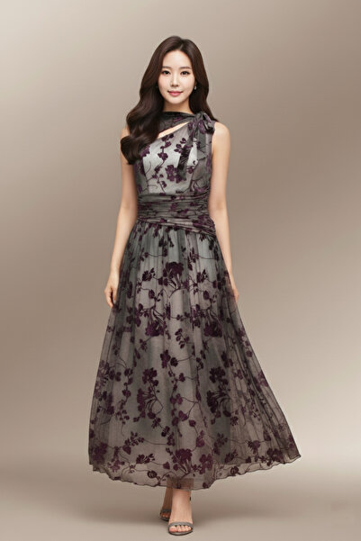 TREASUREISLAND Gray floral dress with a shoulder tie