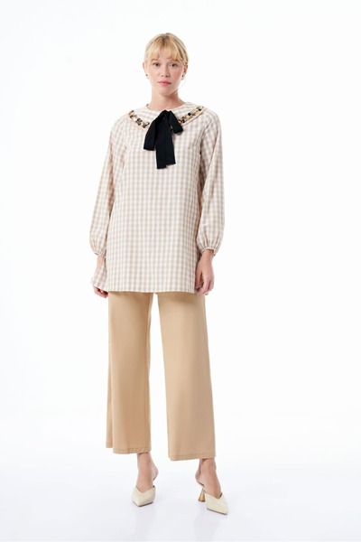 Zems Yaka Detaylı Kadın Kareli Tunik