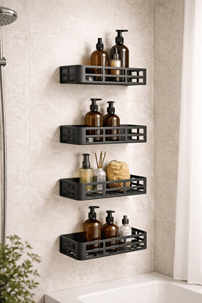 Noctis Nest Delmeden Montaj Yapışkanlı Siyah Mat Banyo Rafı 4’lü Set