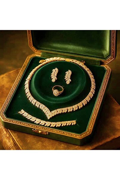 Luxiva Yaprak Desenli Zirkon Taşlı altın Kaplama Lüks Kolye Küpe Bileklik Yüz...