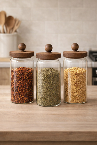 Kitchen Way Acacia Gasket Lid 3-Piece Borosilicate 1000ml Jar Set Kw-745