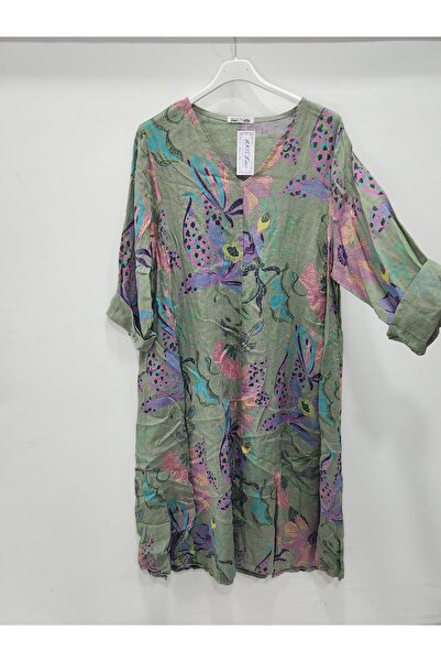 della moor Khaki Italian Floral Patterned O Oversized Long Linen Dress 40 - 46 Size