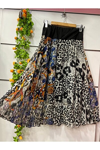 edu collection Patterned Midi Length Chiffon Skirt with Lining