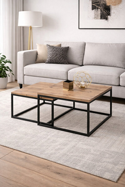 DECOLİN Metal İkili Modern Orta Sehpa Mdf Tabla