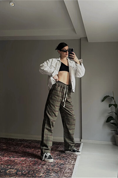 BALİNA Ekose Detaylı Bağcıklı Eşofman Altı Haki-THE SOLO