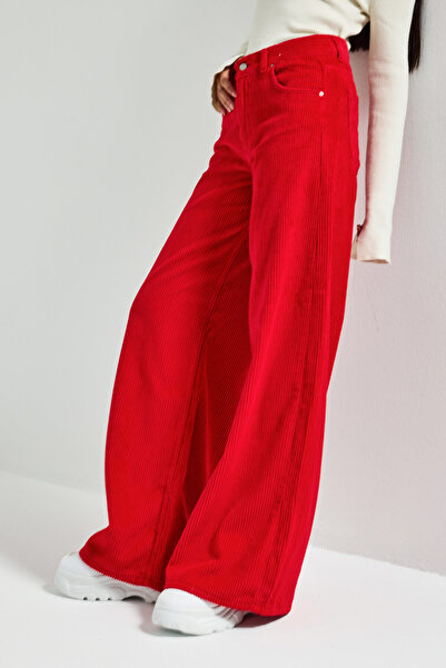 it's basic Women's Red Color Hera 26W5-19 Palazzo Fit Thick Corded Fabric Velvet Velvet Fabric Trousers