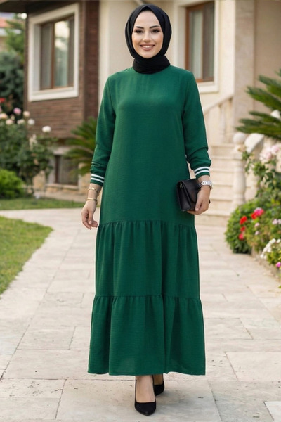 Hb Harma Time Butik فستان نسائي طويل من نوع أيروبين بأكمام ريبانال بلون الكاكي