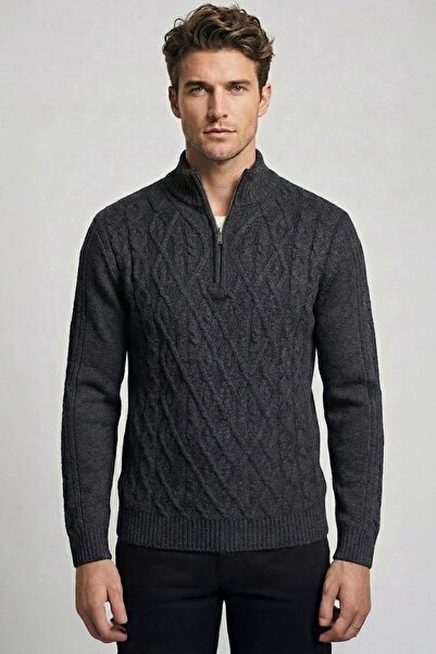 Sabri Özel Antrasit Regular Fit Yünlü Desenli Fermuarlı Yarım Balıkçı Yaka Tr...