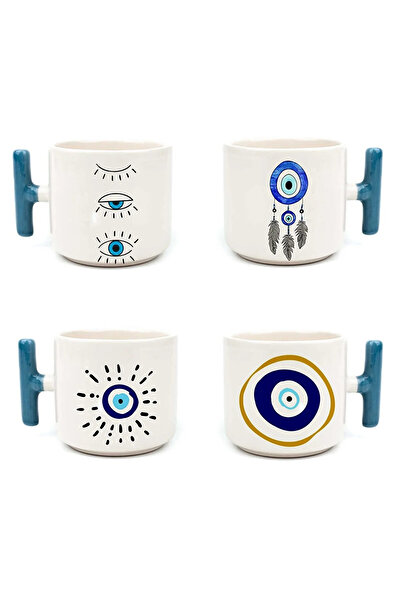 Mio Life Evil Eye Themed Printed 4-Piece Motto Handmade Blue Color T-Handled Cup