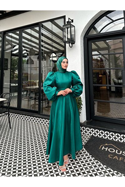 By Atelier Petrol Yeşili Hazel Balon Kol Tesettür Abiye