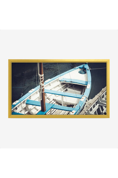 Tajridhome A nautical painting depicting a white boat decorated with blue col...