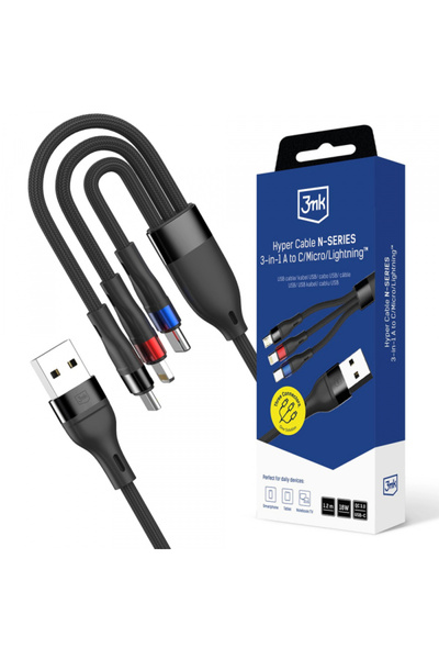 3MK Cablu Incarcare USB-A - Lightning / microUSB / USB-C Hyper N, 18W, 1.2m, ...