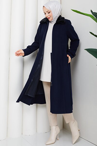 Günay Karaca Büyük Beden Kışlık Kaşe Kadın Kaban Lacivert 2608