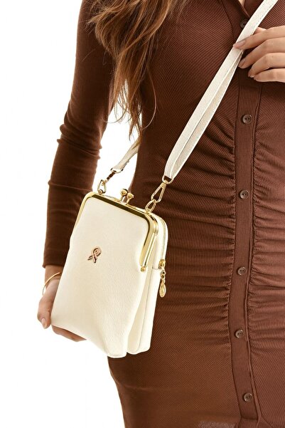 minebag Lock Closure Detailed Faux Leather Will Women's Crossbody Bag Cream