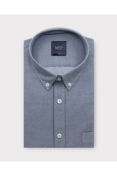 KAMER قميص أزرق داكن بأكمام طويلة وياقة بأزرار وقصة عادية 4078L