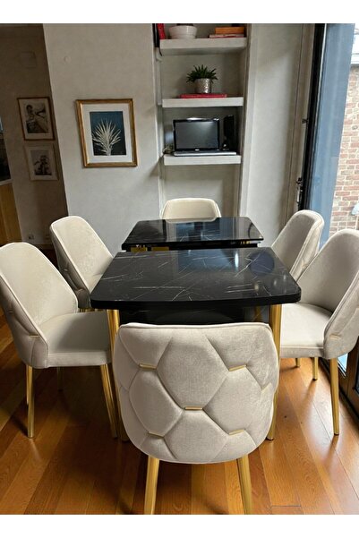 MSY HOME 6 Kişilik Asil Gold Serisi Kelebek Siyah Mermer Desenli Yemek Masası...