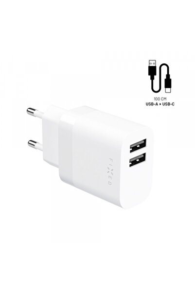 FIXED Mains Charger With USB-C Cable Fixed, 17W, 3A, 2 x USB-A, White