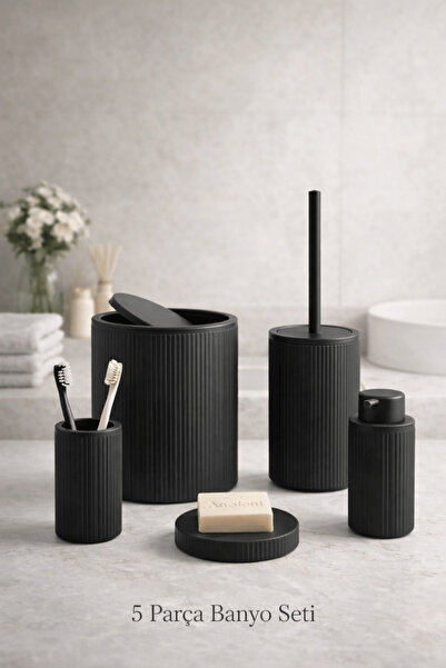 Noctis Nest Banyo Seti 5 Parça Mat Siyah Çöp Kovası Tuvalet Fırçası Sabunluk ...