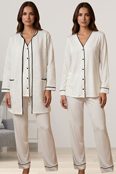 ByLohusa Effortt Ecru Quilted Robe Pajama Set