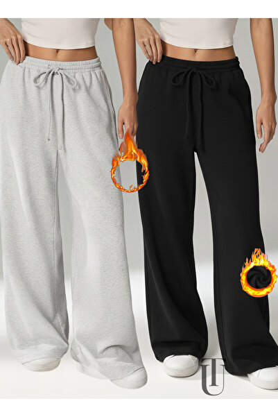 yx yustex sport Kışlık Şardonlu İçi Pamuklu Kadın 2 Adet (Siyah + Gri) Eşofma...