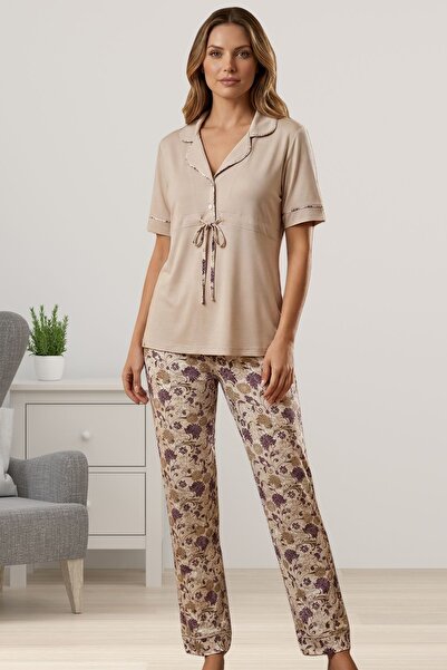 ByLohusa Effortt Beige Shirt Collar Women's Pajama Set