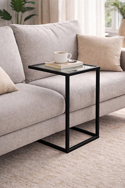 DECOLİN Siyah Metal Ayak Cam Tabla C Sehpa Koltuk Sehpası