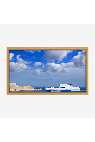 Tajridhome لوحة بحر بألوان زرقاء وصافية مع سفينة بيضاء وسحب جميلة، طبيعة، كان...