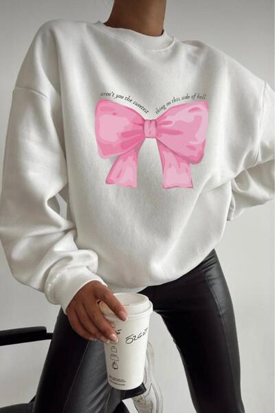 NO 601 Women's White Bow Ribbon Printed Winter Thick Crew Neck