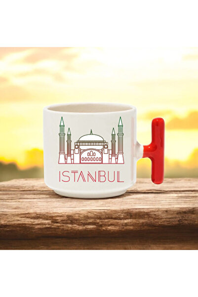 BB TRADE كوب سيراميك B مطبوع بتصميم إسطنبول مع مقبض أحمر سعة 250 مل