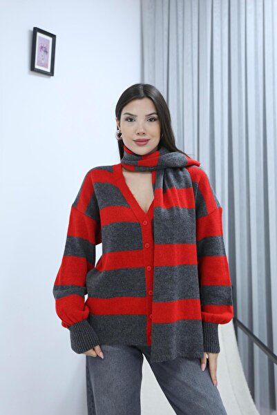 İgnites Red Anthracite Striped Premium Scarf Detailed Knitwear Cardigan-Igni̇...