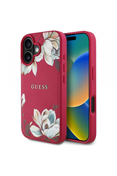 Guess Husa MagSafe pentru Apple iPhone 16, Guess, Grained Flowers, Fucsia