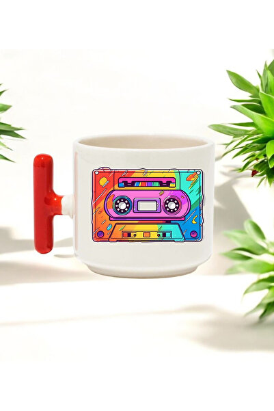 BB TRADE كوب سيراميك مطبوع بتصميم كاسيت ملون بمقبض أحمر 250 مل