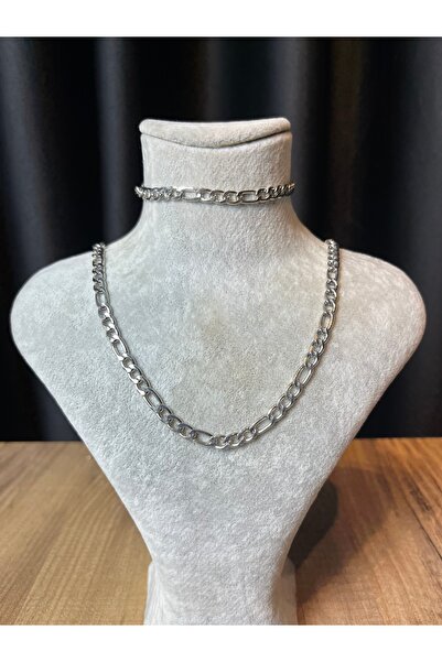 Mos Tespih Men's Chain Figaro Model Necklace and Bracelet Bujiteri Set