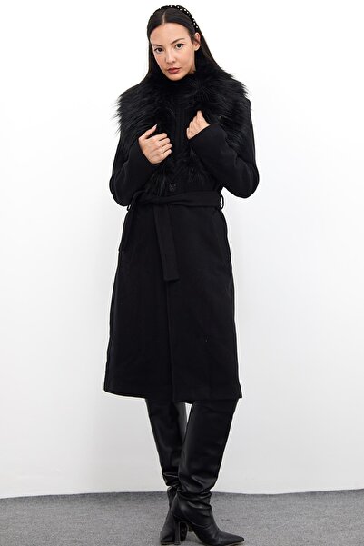 Manga Yakası Kürklü Kuşaklı Kaban M3139 Siyah