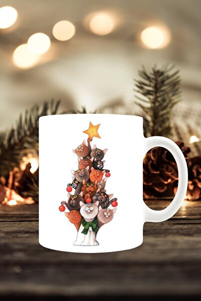 Mio Life White New Year Concept Cats' Pine Tree Printed Mug