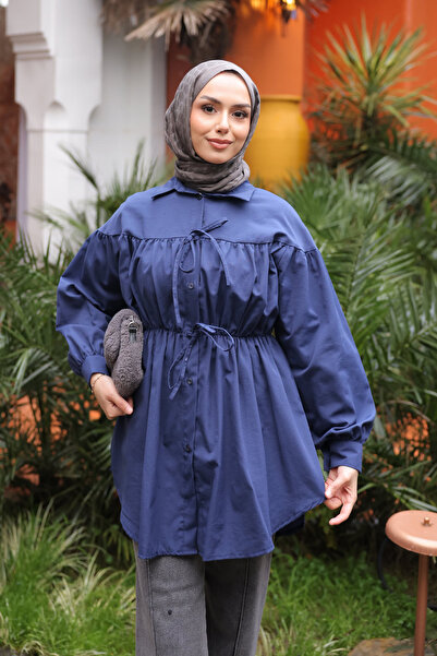 İmajButik Navy Blue Buttoned Shirt with Elastic Waist