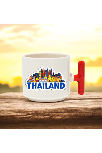 BB TRADE كوب سيراميك بتصميم تايلاندي بمقبض أحمر مطبوع سعة 250 مل