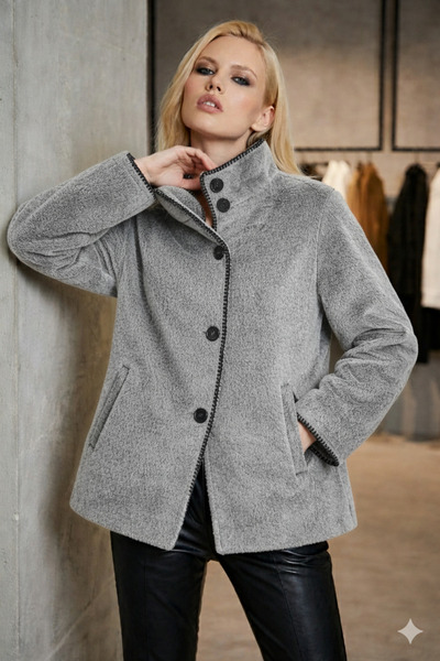 ribana Women's Mock Neck shearling-look cropped coat with stitch detail d99879