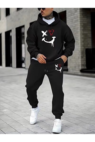 Sweet Cotton Men's Hooded Winter Smıle Printed Tracksuit Set-Top and Bottom Set
