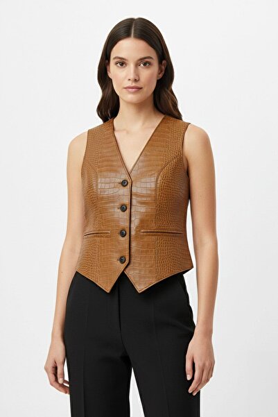 Deriderim Taba Carla Kroko Bakılı Yeşil Hakiki Deri Kadın Yelek