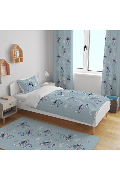 EVSEHOMES Stich Su Yeşili TAM TAKIM (FON PERDE 70X260 İKİ KANAT - YATAK ÖRTÜS...